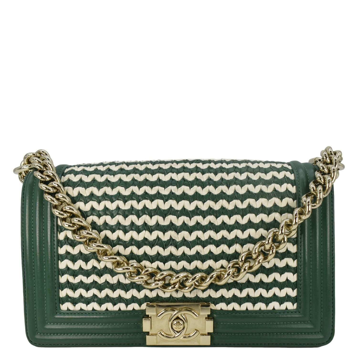 Chanel Boy Flap Woven Leather Green Travel Bag