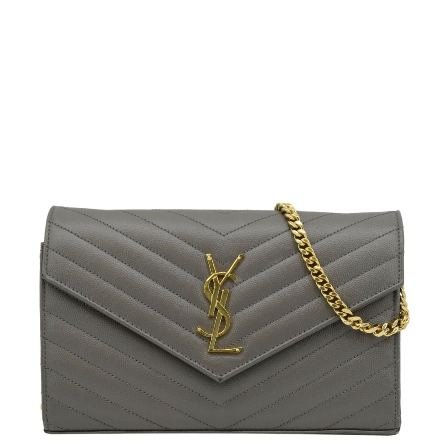 YSL Saint Laurent Yves Kate Clutch Crossbody Bag Grey Leather Gray Chain Clutch Bag