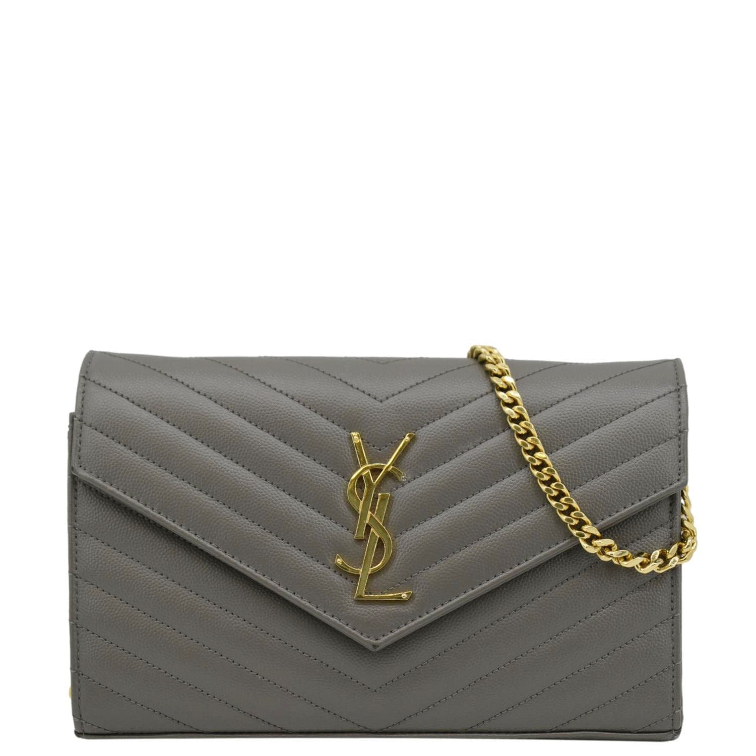 YSL Saint Laurent Yves Kate Clutch Crossbody Bag Grey Leather Gray Chain Clutch Bag