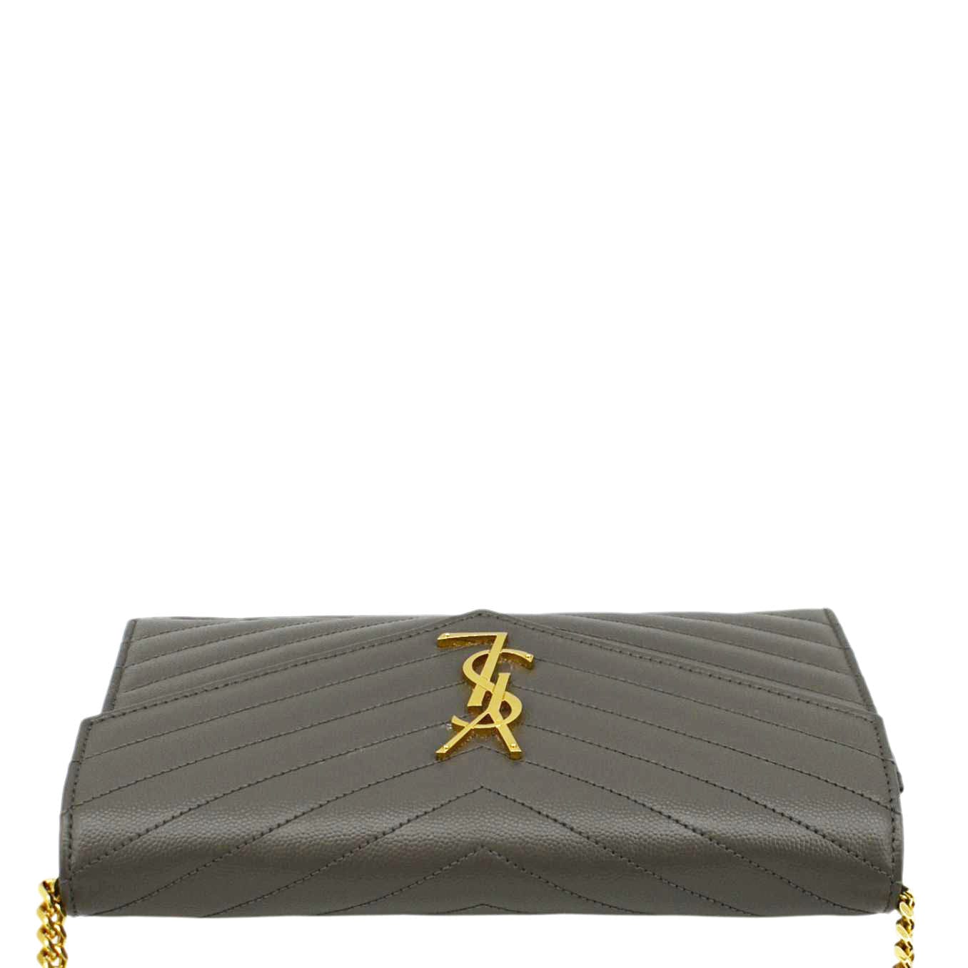 YSL Saint Laurent Yves Kate Clutch Crossbody Bag Grey Leather Gray Chain Clutch Bag