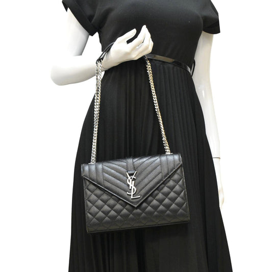 YSL Saint Laurent Yves Envelope Mix Matelass Shoulder Bag Leather Black Chain