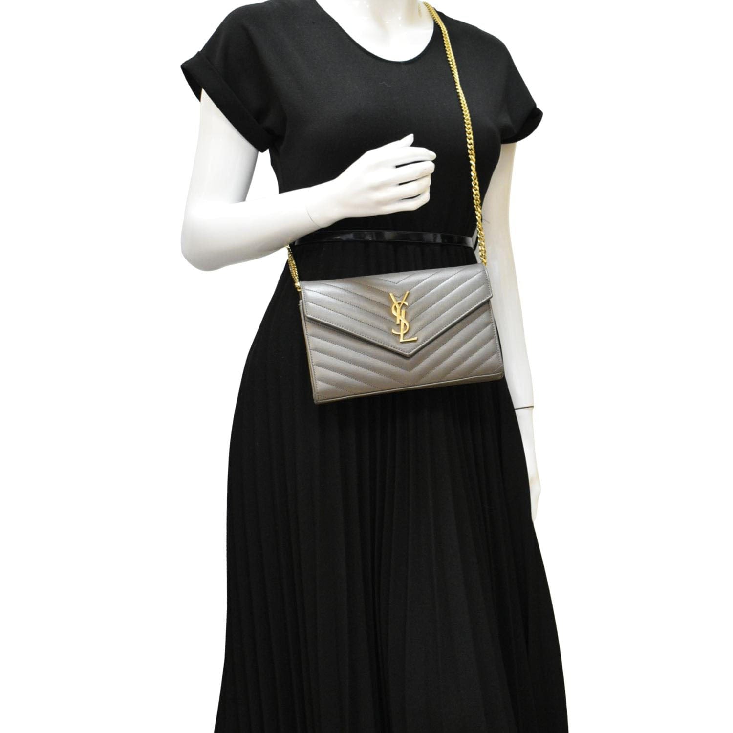 YSL Saint Laurent Yves Kate Clutch Crossbody Bag Grey Leather Gray Chain Clutch Bag
