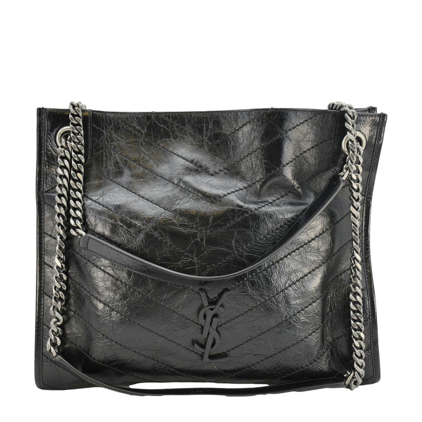 YSL Saint Laurent Yves Niki Crinkle Shopper Tote Bag Leather Black