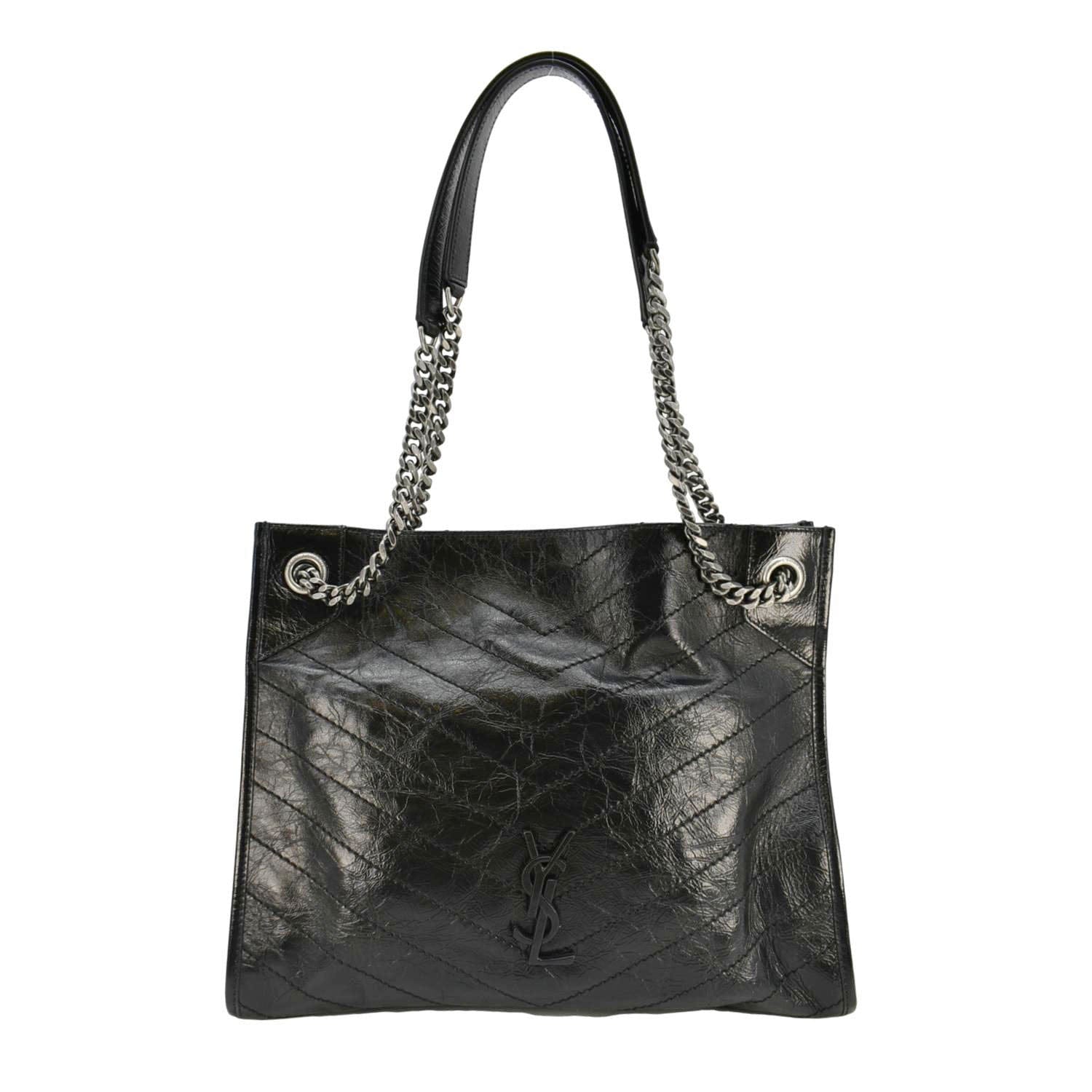 YSL Saint Laurent Yves Niki Crinkle Shopper Tote Bag Leather Black