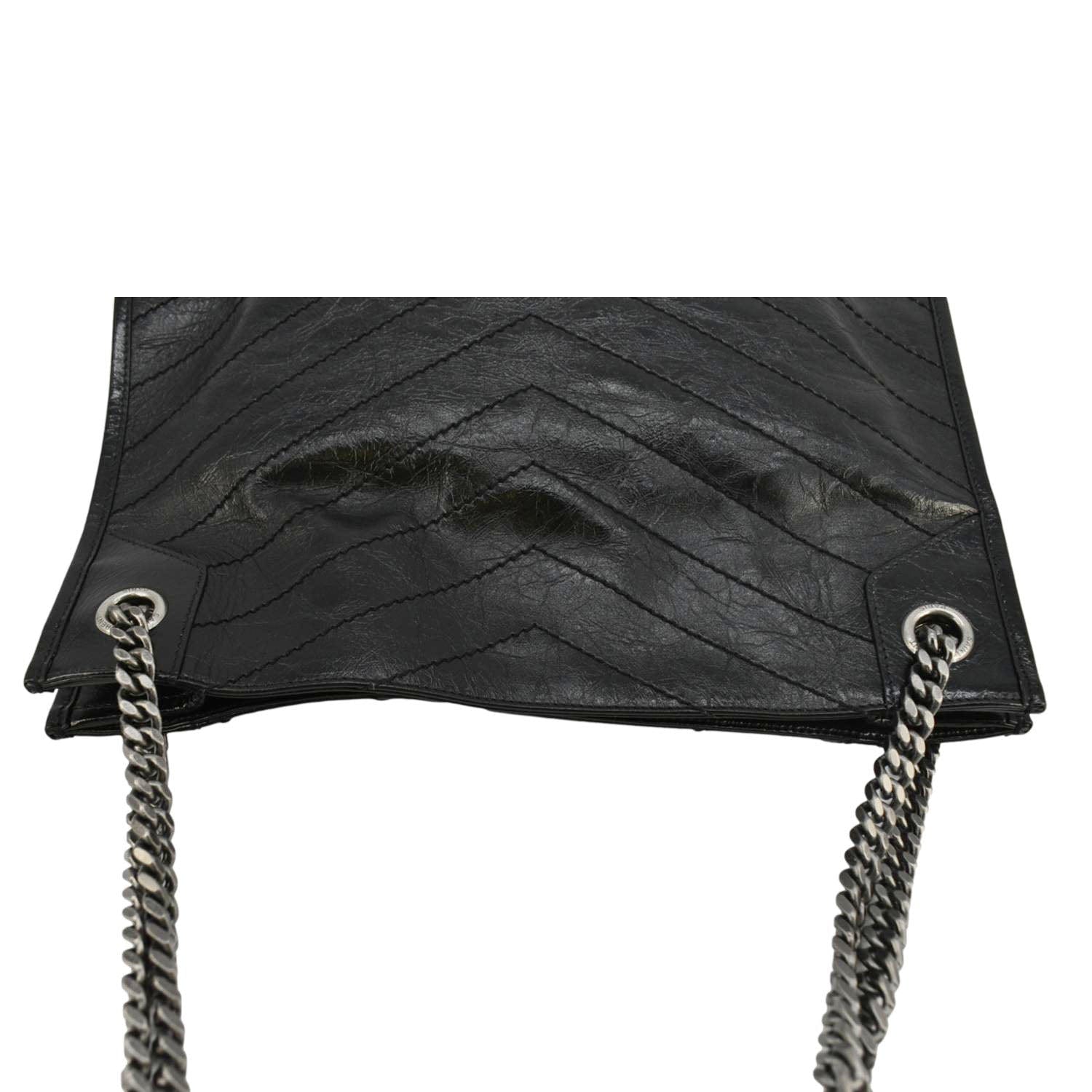 YSL Saint Laurent Yves Niki Crinkle Shopper Tote Bag Leather Black