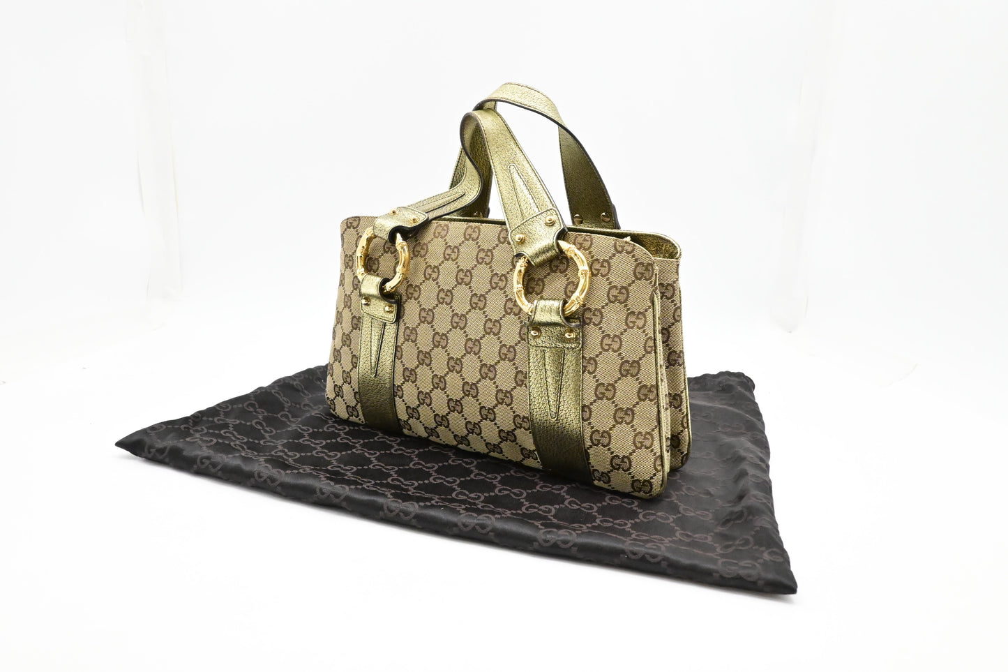 Gucci Green Leather Canvas Beige Travel Bag