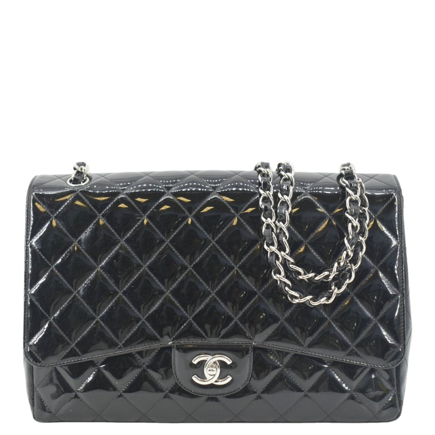 Chanel Classic Maxi Single Flap Patent Leather Black Travel Bag