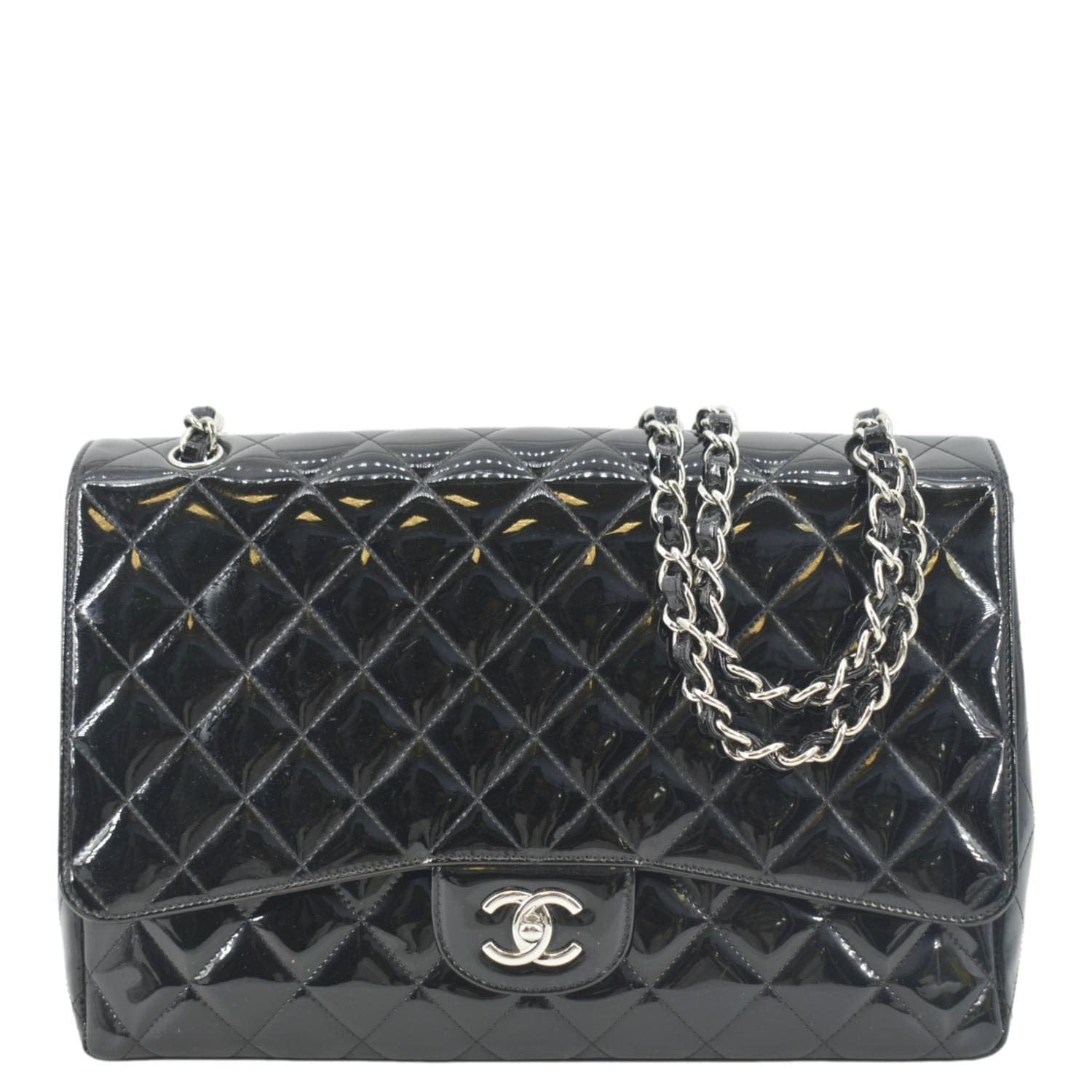 Chanel Classic Maxi Single Flap Patent Leather Black Travel Bag