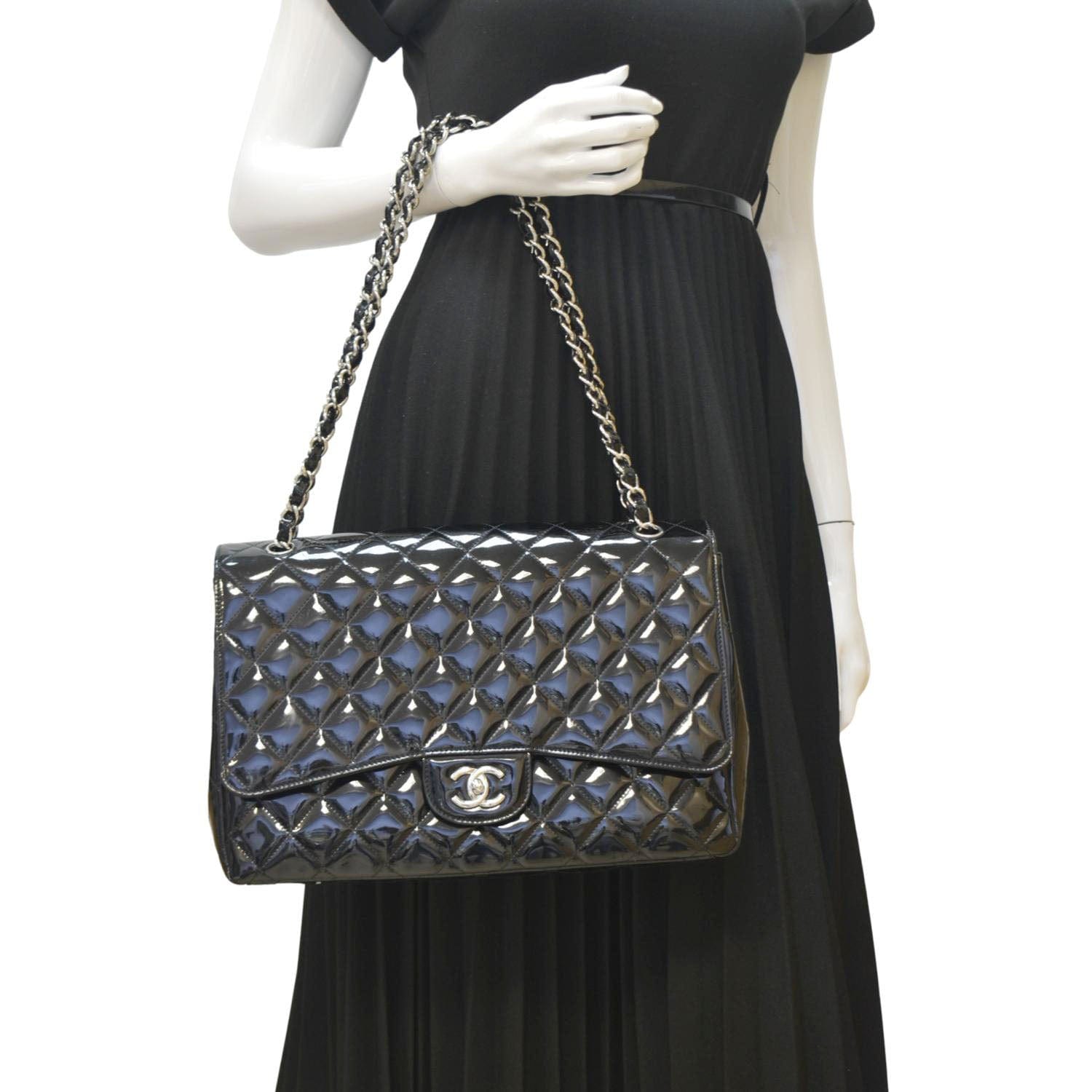 Chanel Classic Maxi Single Flap Patent Leather Black Travel Bag