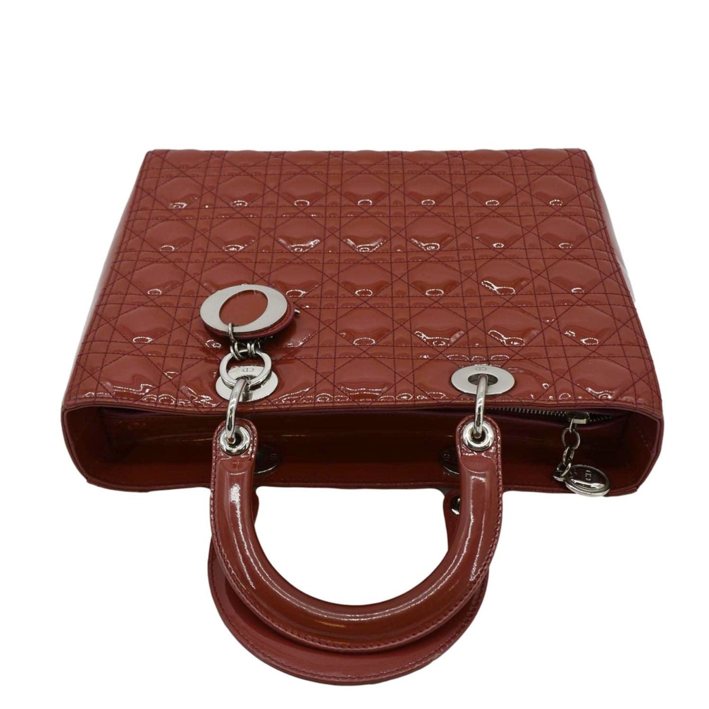 Dior Lady Shoulder Bag Reddish Leather Patent Quilted