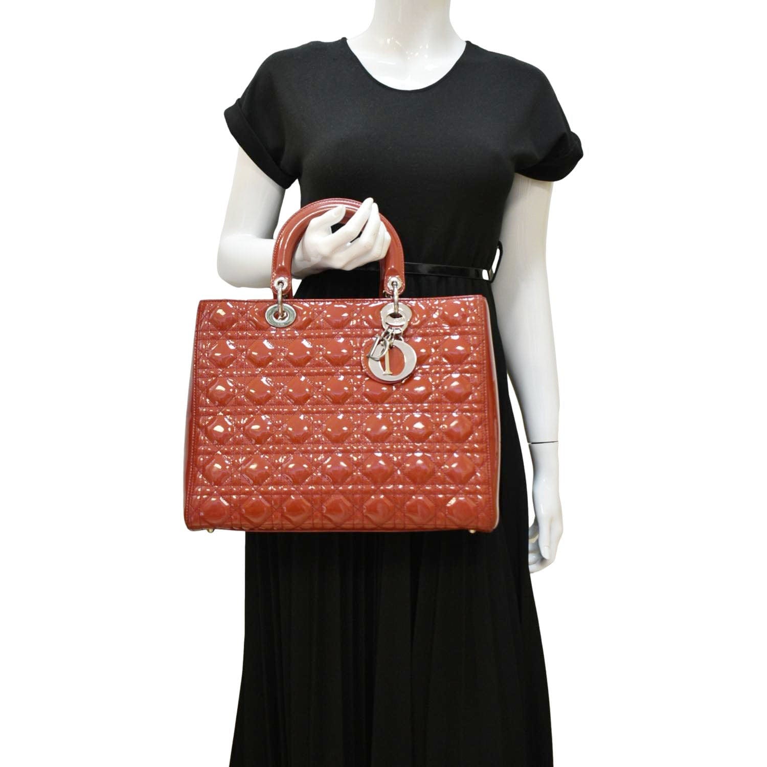 Dior Lady Shoulder Bag Reddish Leather Patent Quilted