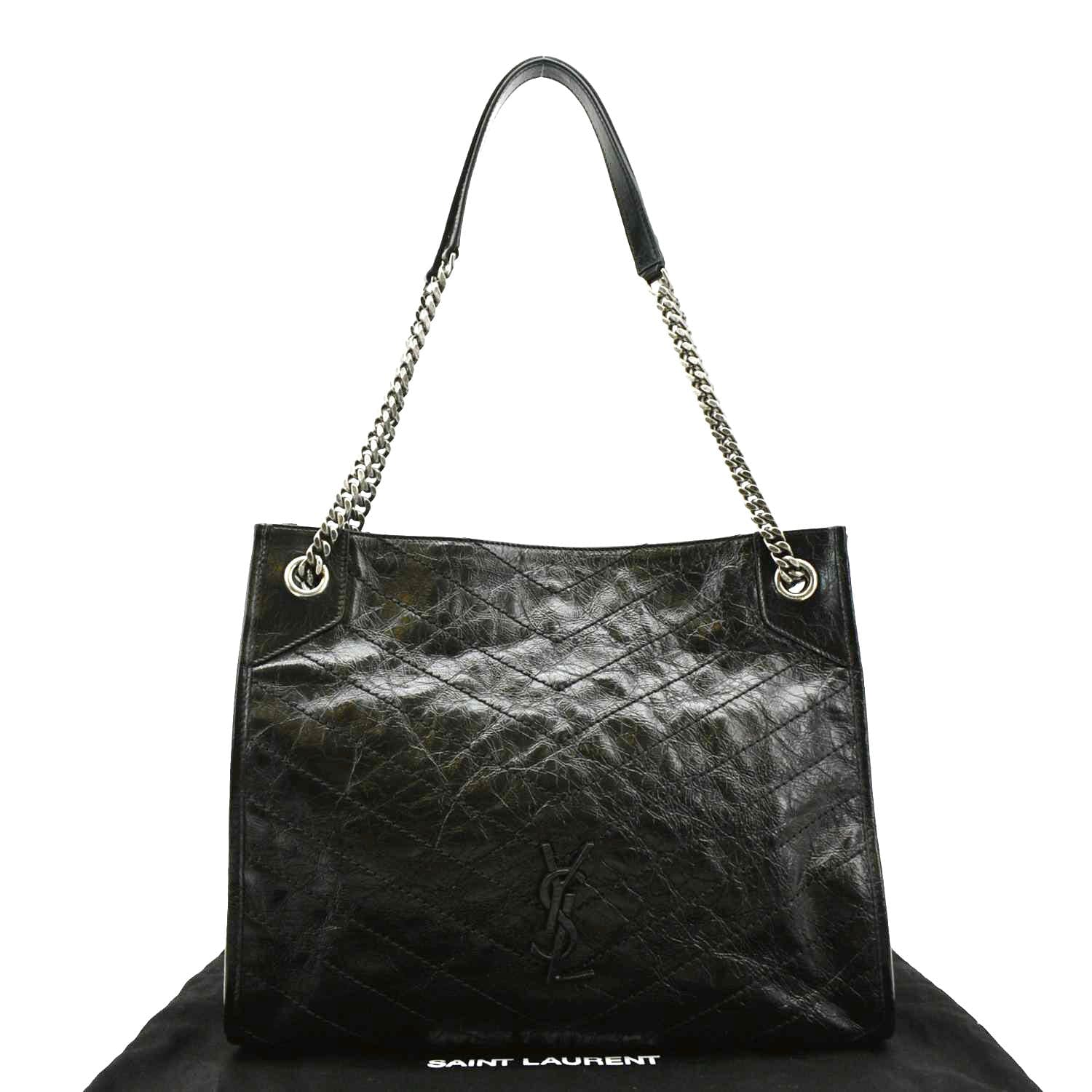 YSL Saint Laurent Yves Niki Crinkle Shoulder Bag Leather Black Medium
