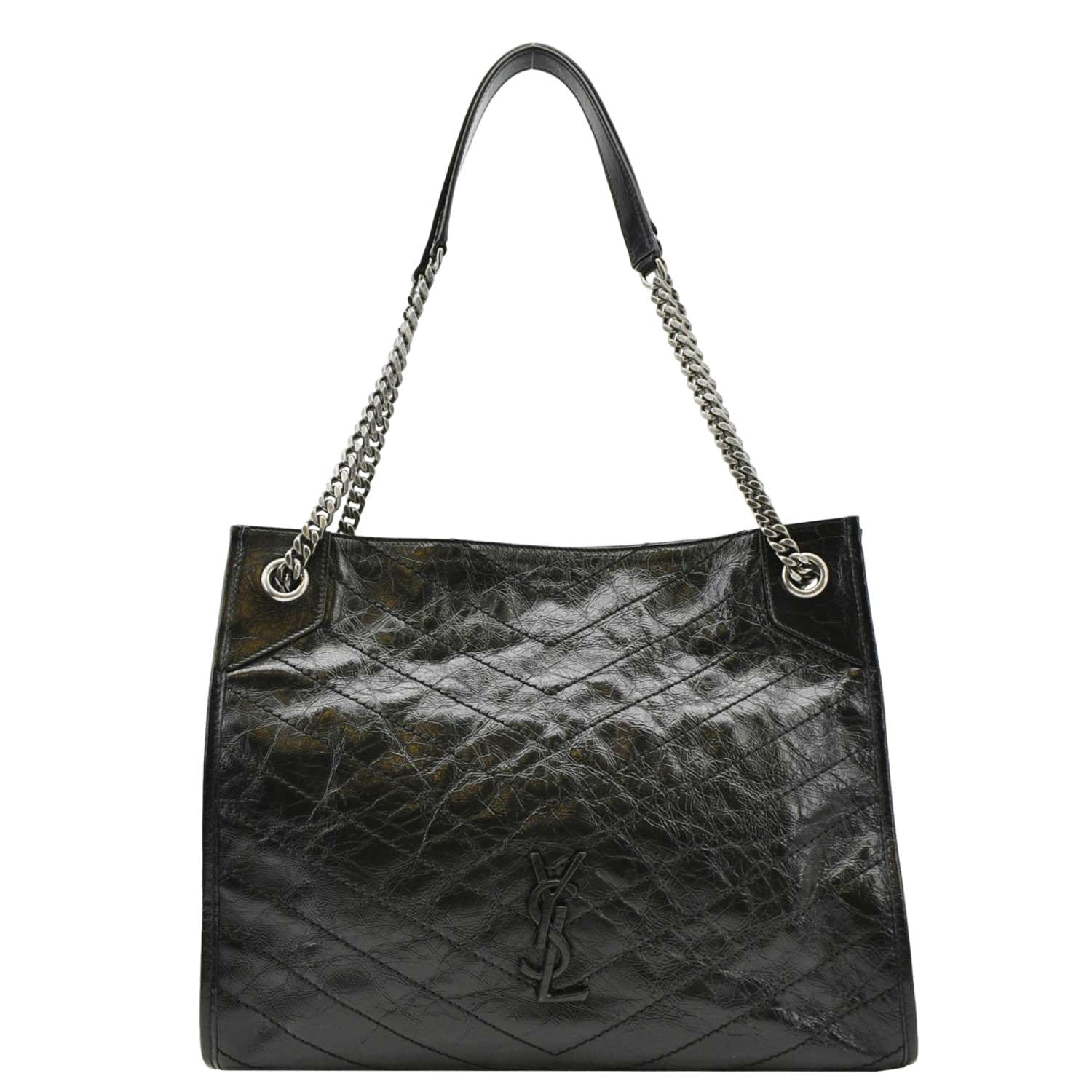 YSL Saint Laurent Yves Niki Crinkle Shoulder Bag Leather Black Medium