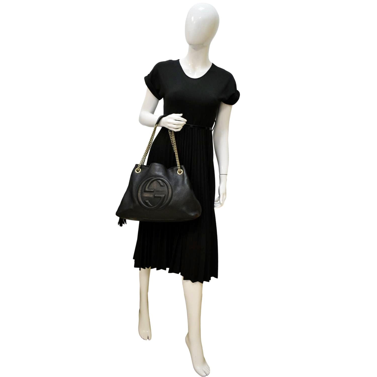 Gucci Soho Pebbled Shoulder Bag Leather Black Chain 308982