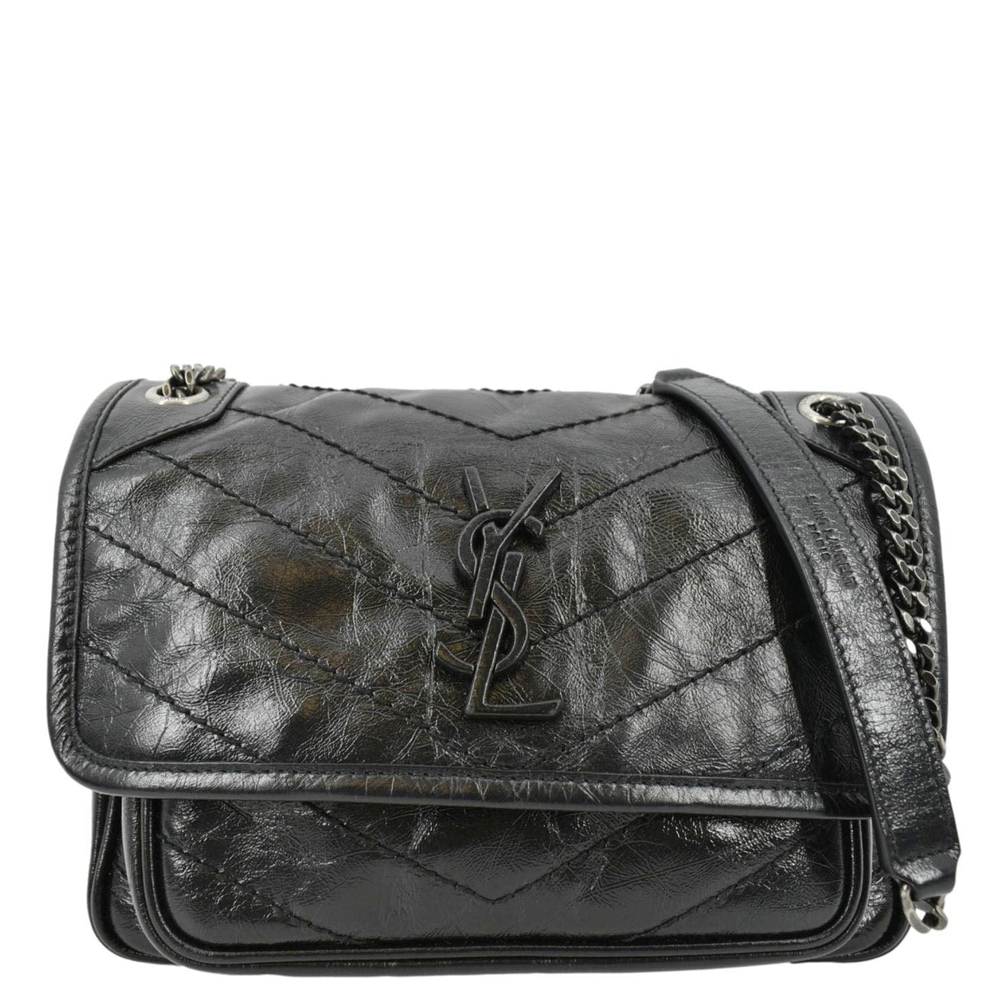 YSL Saint Laurent Yves Niki Crinkle Shoulder Bag Leather Black Baby Laurent Niki Baby