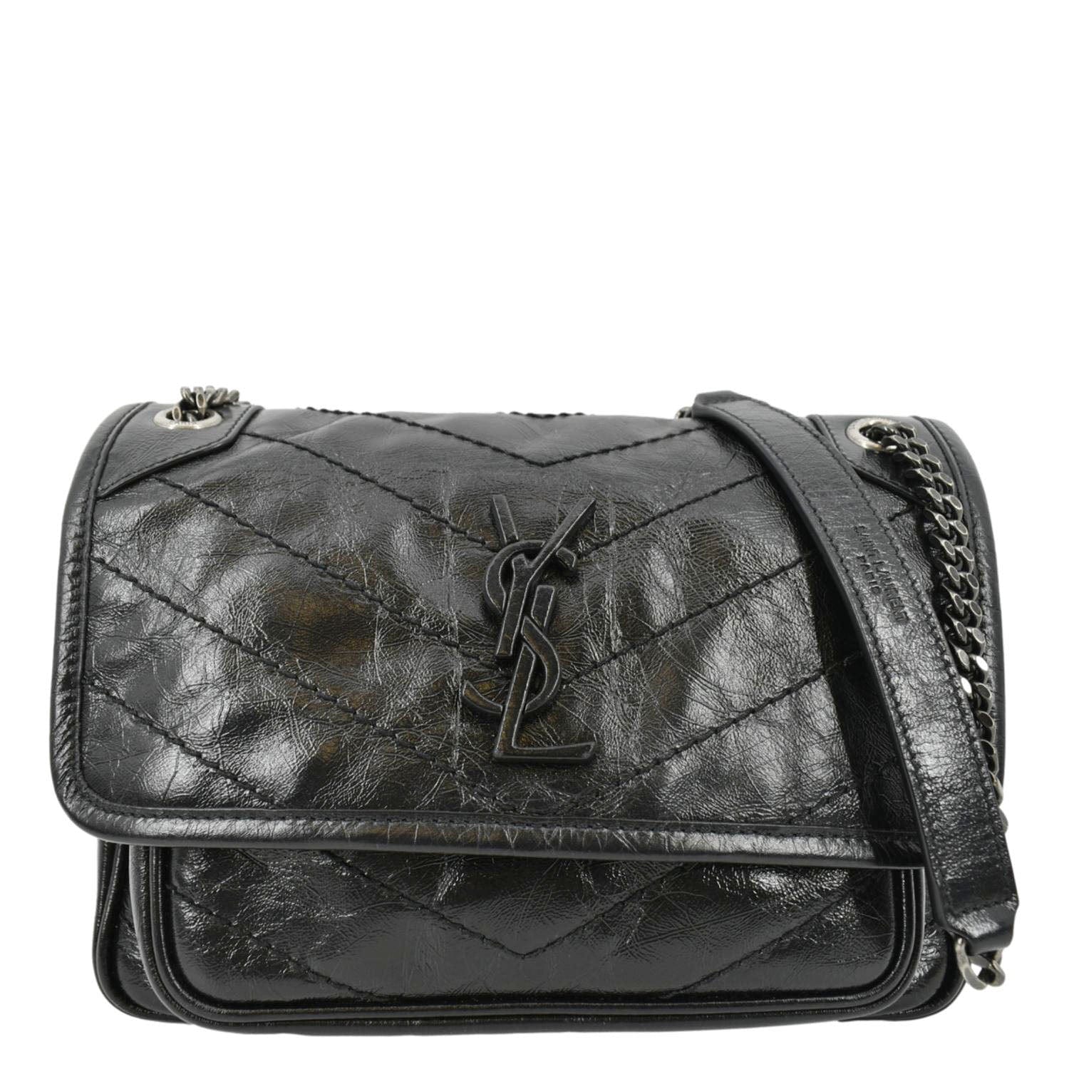 YSL Saint Laurent Yves Niki Crinkle Shoulder Bag Leather Black Baby Laurent Niki Baby