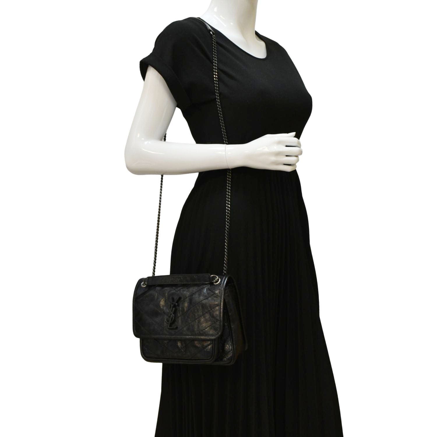 YSL Saint Laurent Saint Niki Baby Crinkle Shoulder Bag Leather Black