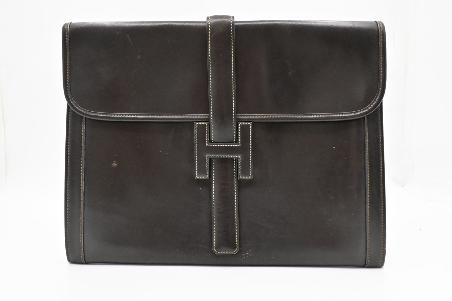 Hermes Jige Gm In Dark Box Calf Handbag Leather Brown Travel Bag