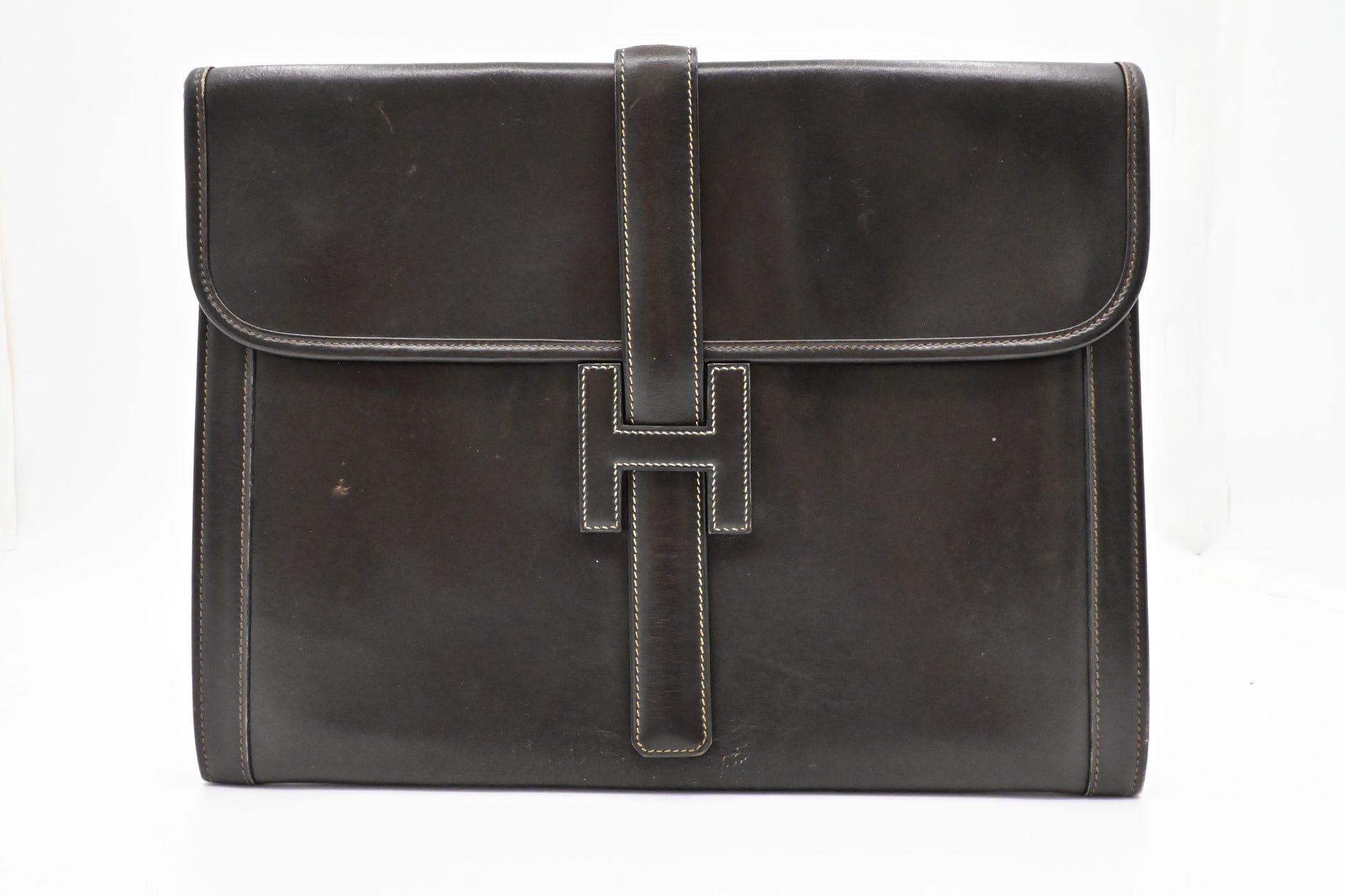 Hermes Jige Gm In Dark Box Calf Handbag Leather Brown Travel Bag
