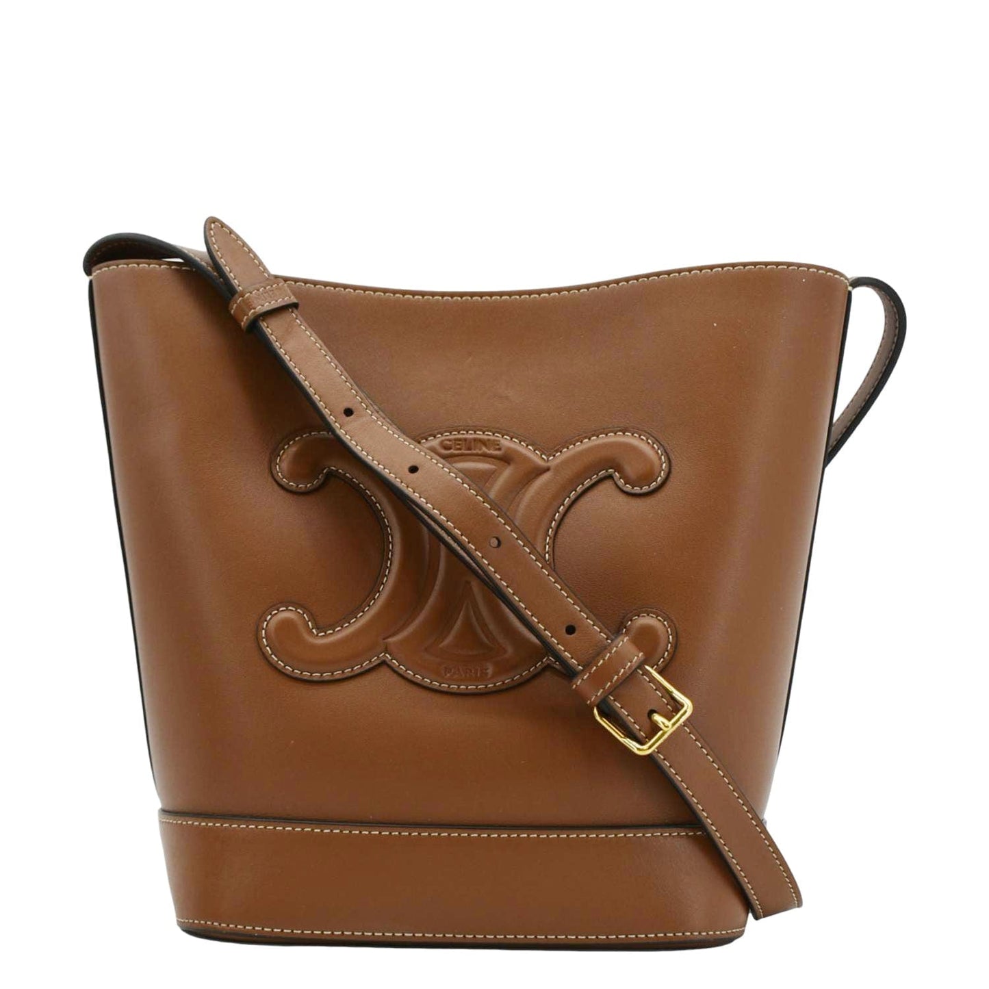 Celine Cuir Triomphe Calfskin Bucket Crossbody Bag Leather Tan