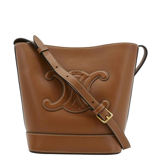 Celine Cuir Triomphe Calfskin Bucket Crossbody Bag Leather Tan