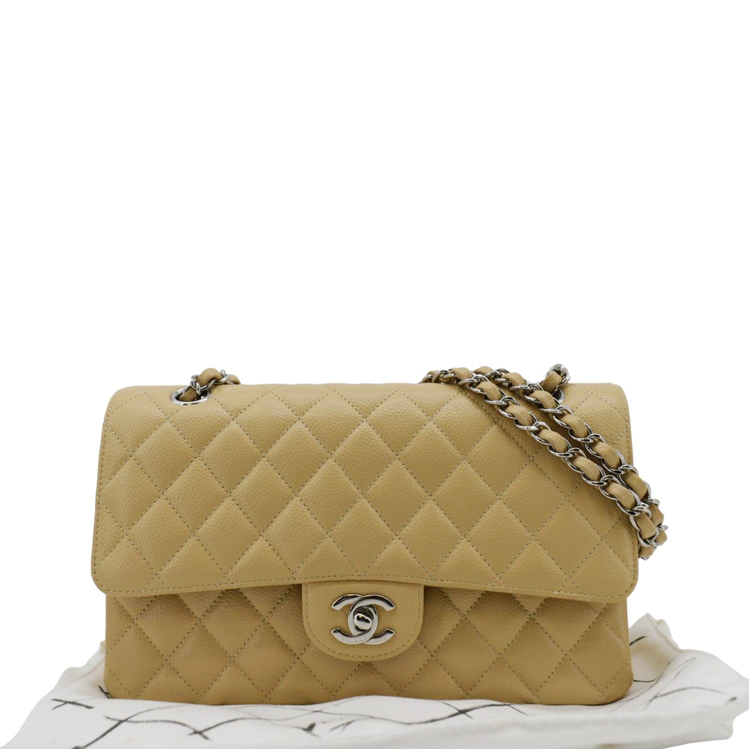 Chanel Classic Double Flap Quilted Caviar Leather Beige Travel Bag