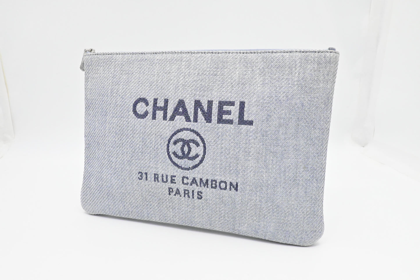 Chanel Deauville Grey Canvas Clutch Bag