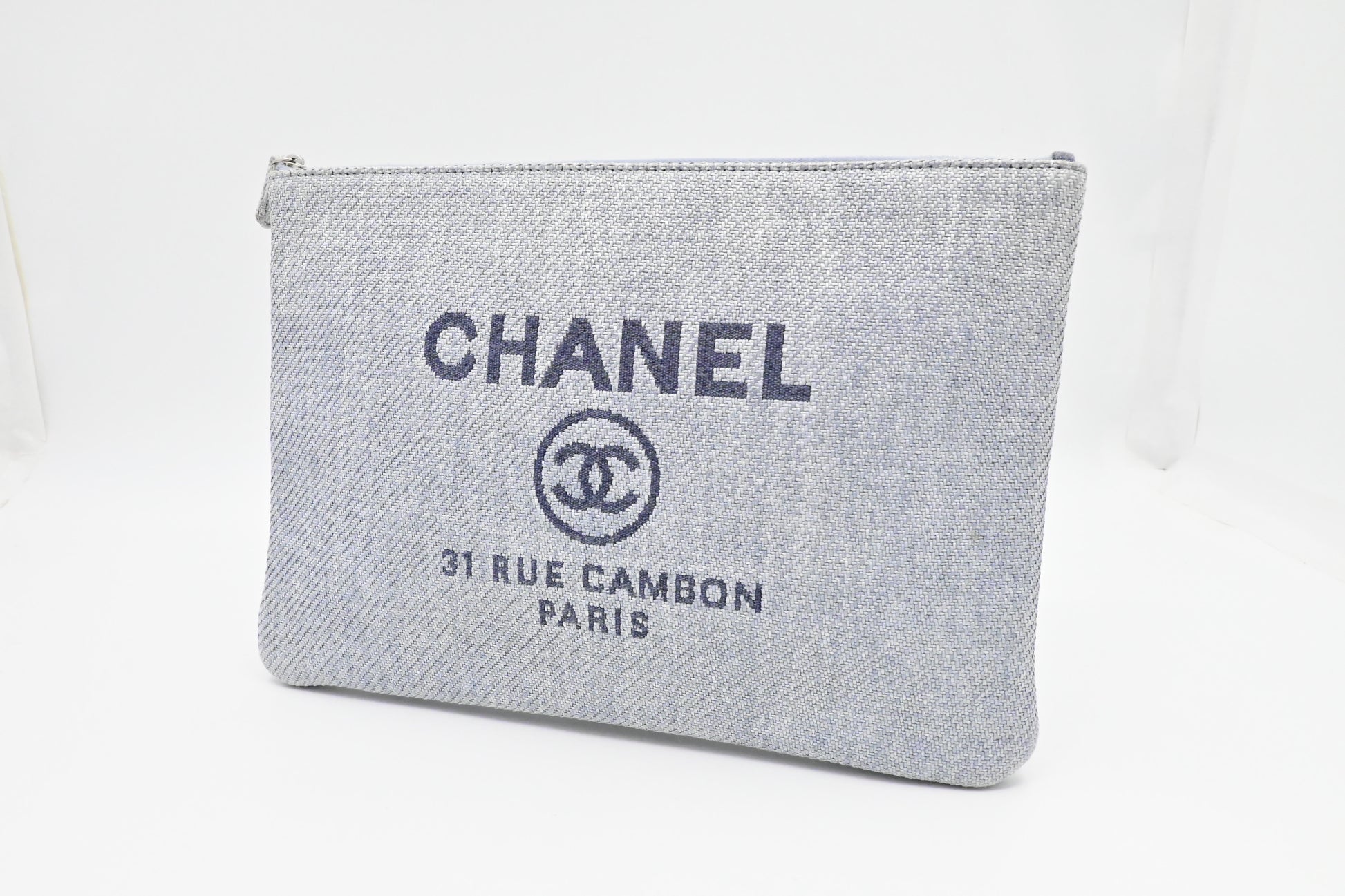 Chanel Deauville Grey Canvas Clutch Bag