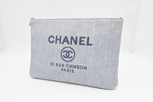 Chanel Deauville Grey Canvas Clutch Bag
