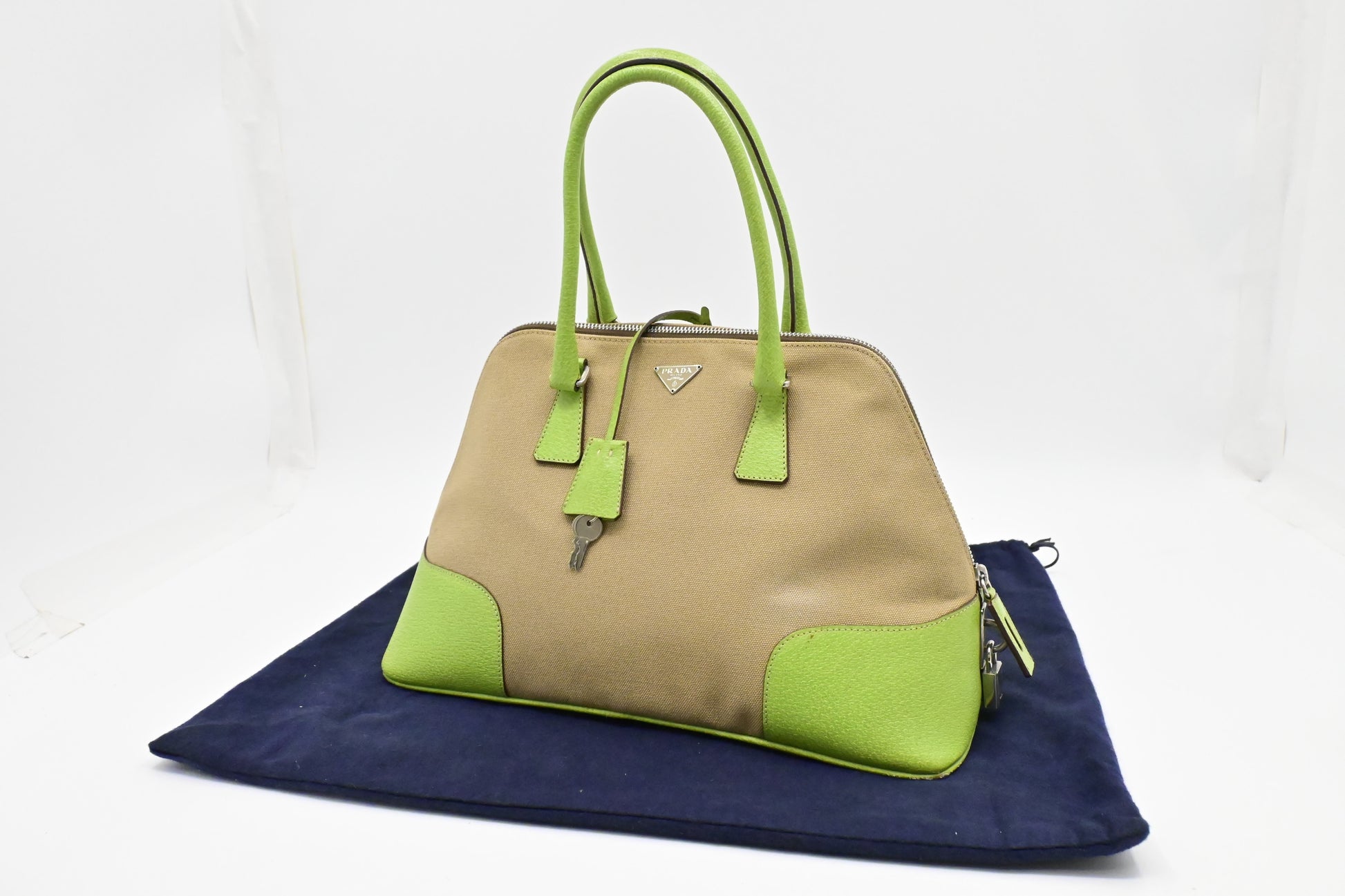 Prada Bowling Bag In & Green Leather Canvas Travel Bag