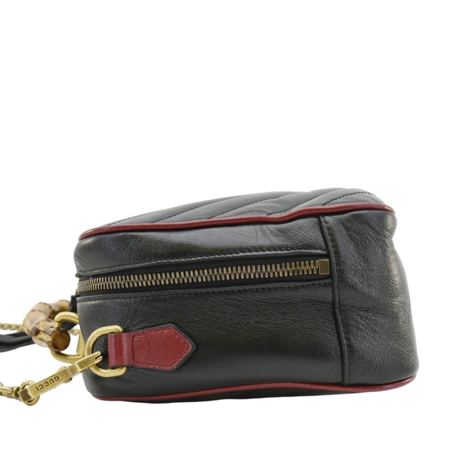 GUCCI GG Marmont Diagonal Leather Bamboo Top Handle Crossbody Bag Black 602270