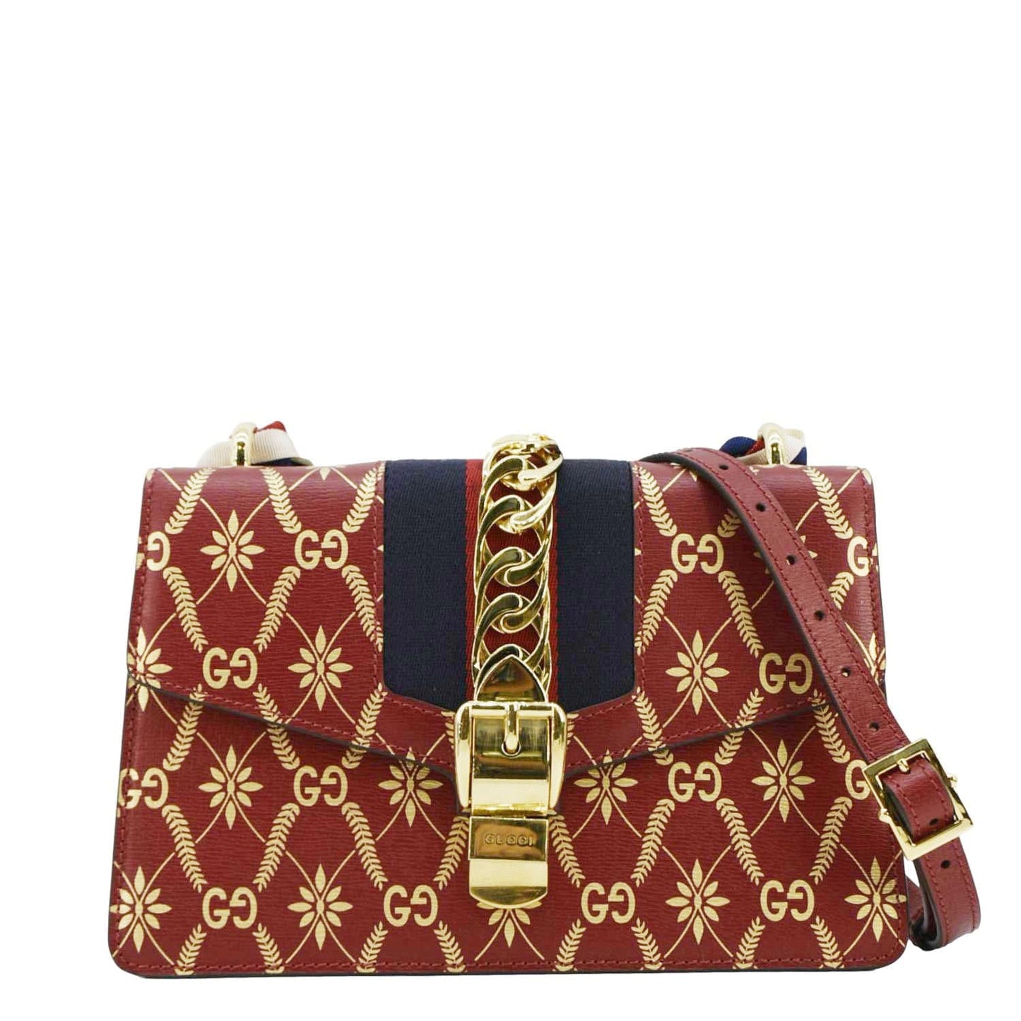 Gucci Sylvie Printed Satchel Bag Leather Red Travel Bag
