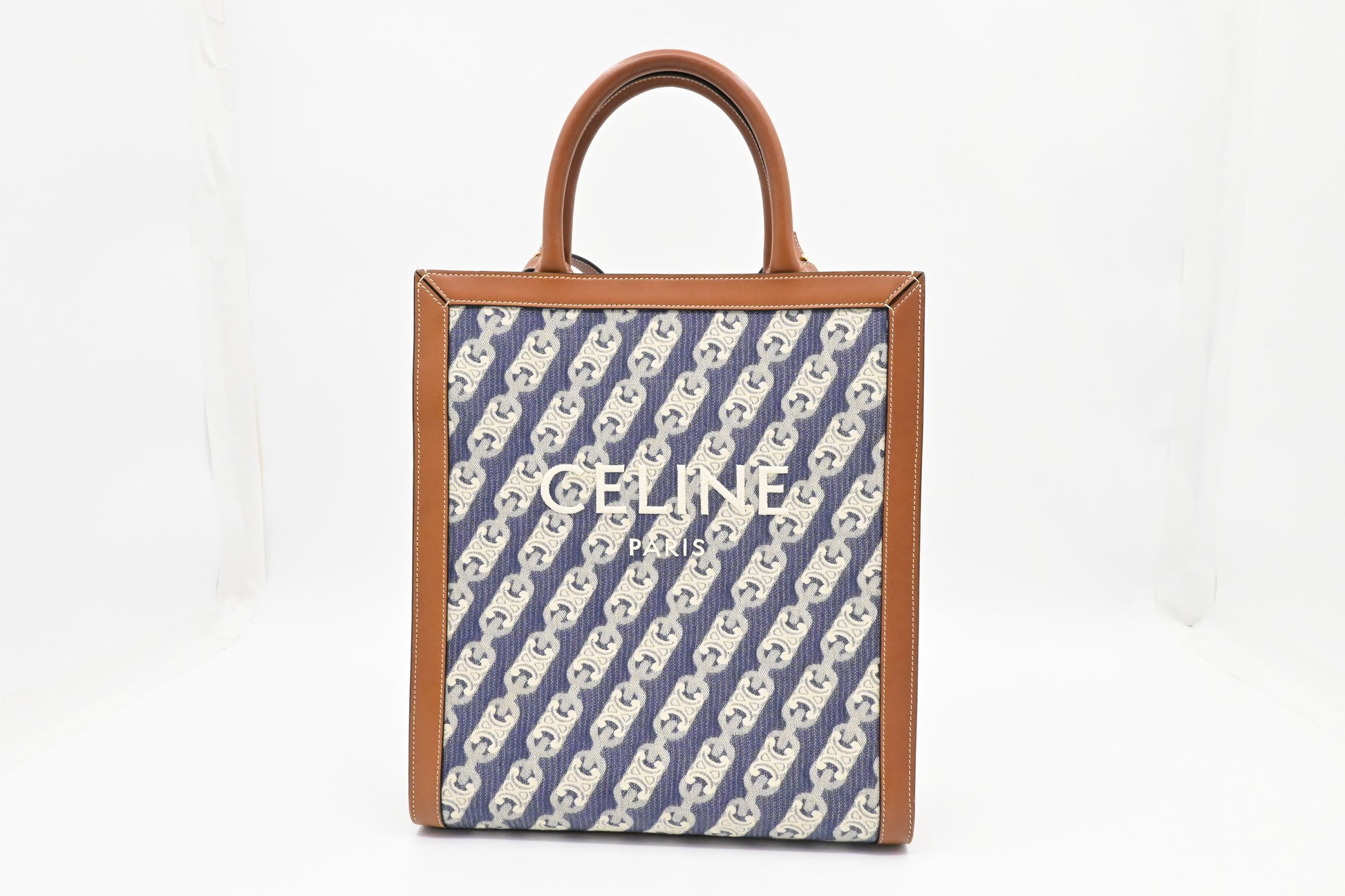 Celine Vertical Cabas In Blue And Brown Handbag Leather Canvas Travel Bag