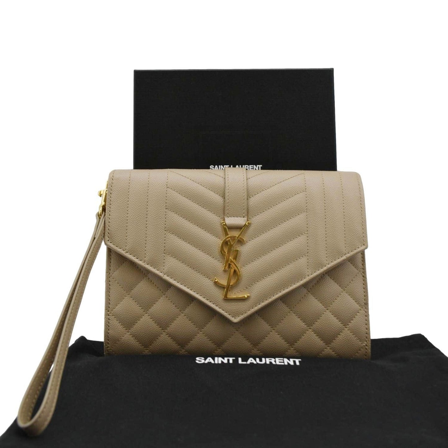 YSL Saint Laurent Yves Envelope Shoulder Bag Leather Matelasse Beige