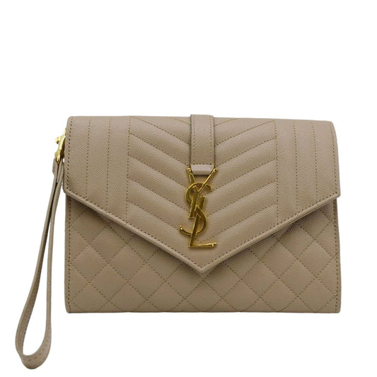 YSL Saint Laurent Yves Envelope Shoulder Bag Leather Matelasse Beige