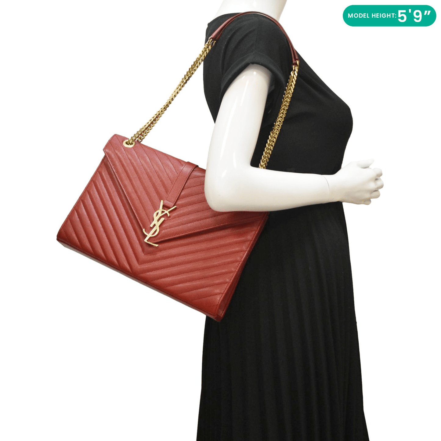 YSL Saint Laurent Yves Envelope Chevron Shoulder Bag Leather Quilted Red
