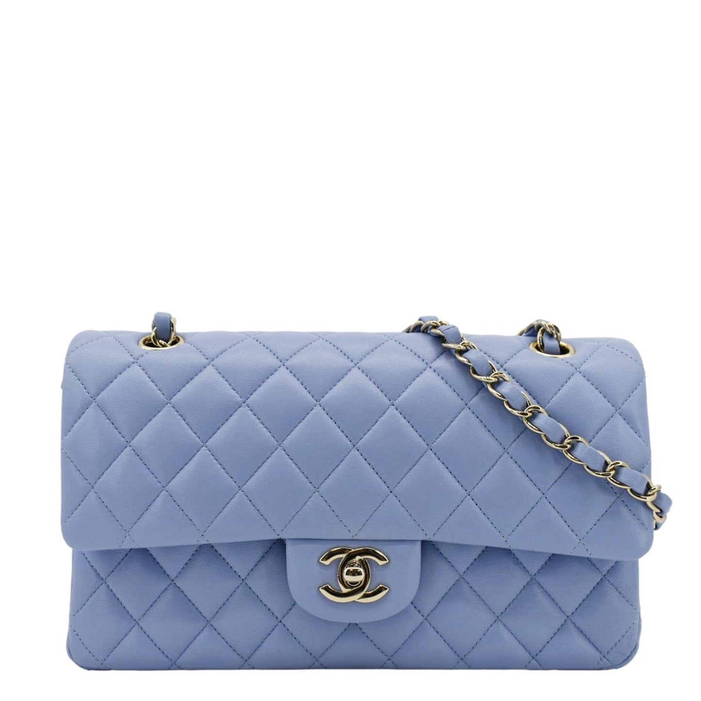 Chanel Classic Double Flap Quilted Light Leather Blue Travel Bag