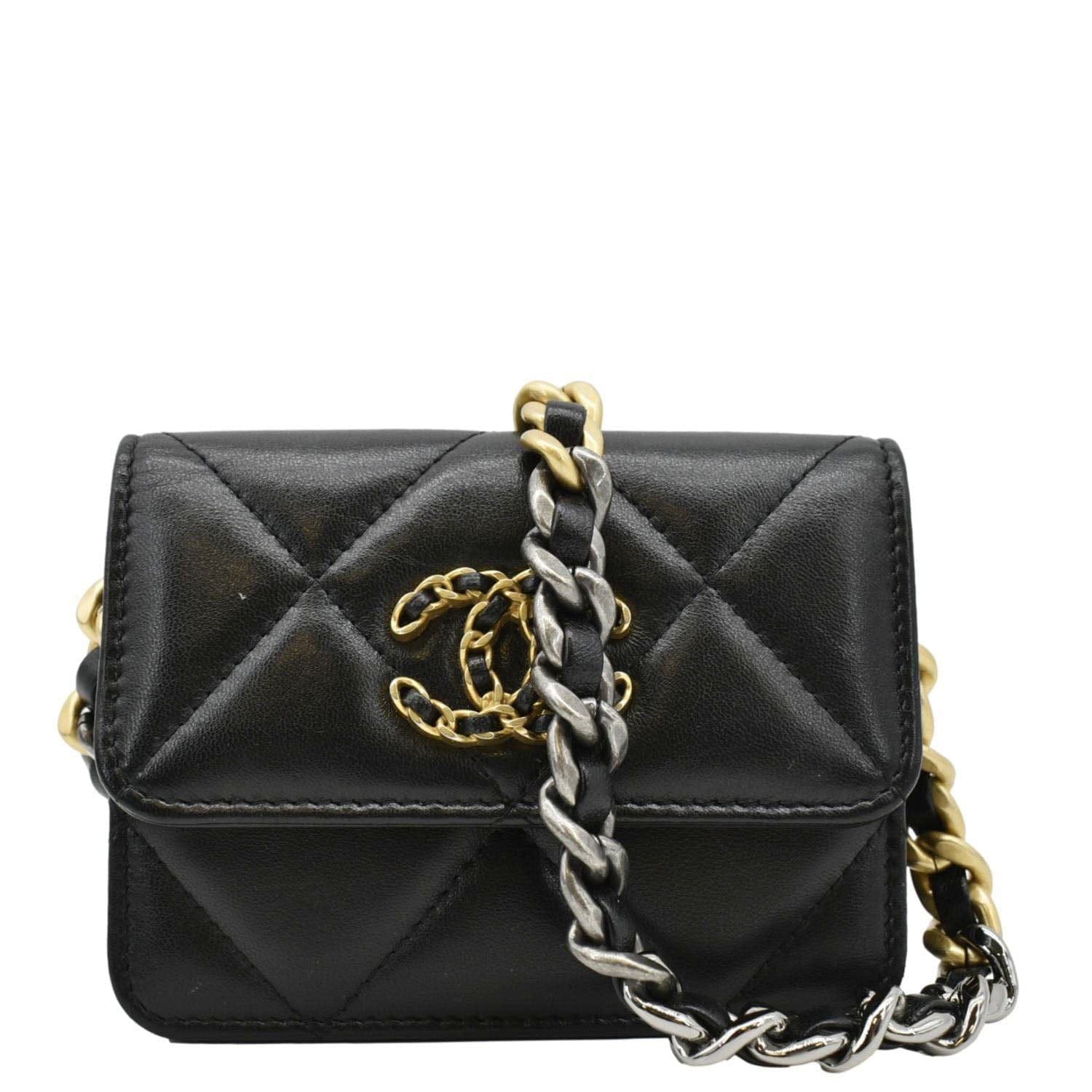 Chanel 19 Flap Coin Purse Quilted Leather Black Wallet Case
