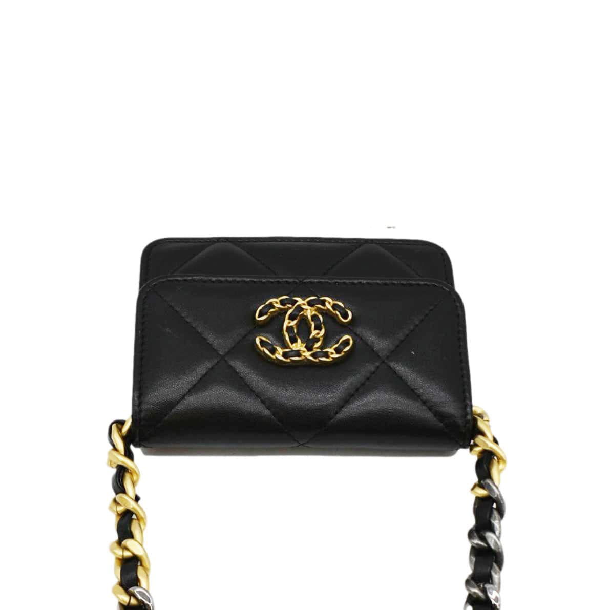 Chanel 19 Flap Coin Purse Quilted Leather Black Wallet Case
