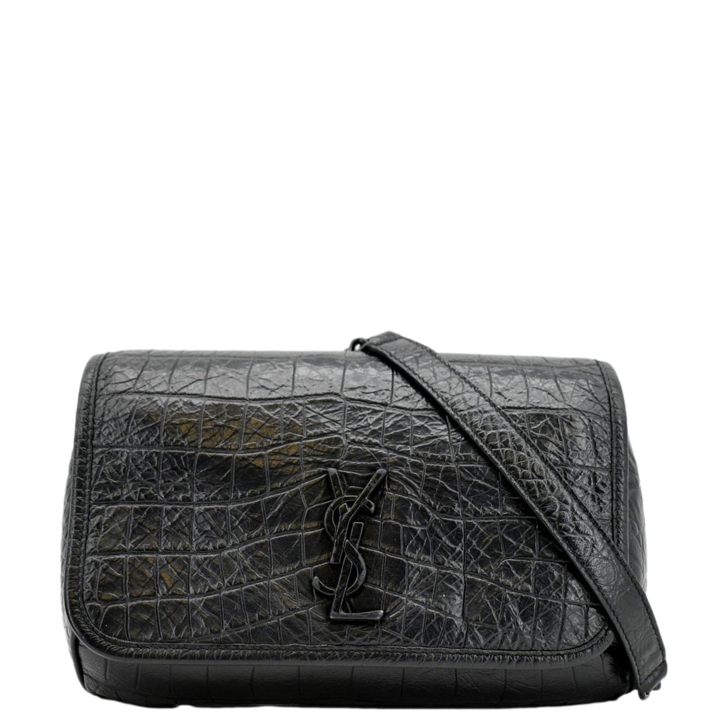 YSL Saint Laurent Niki Crocodile Shoulder Bag Leather Black Baby