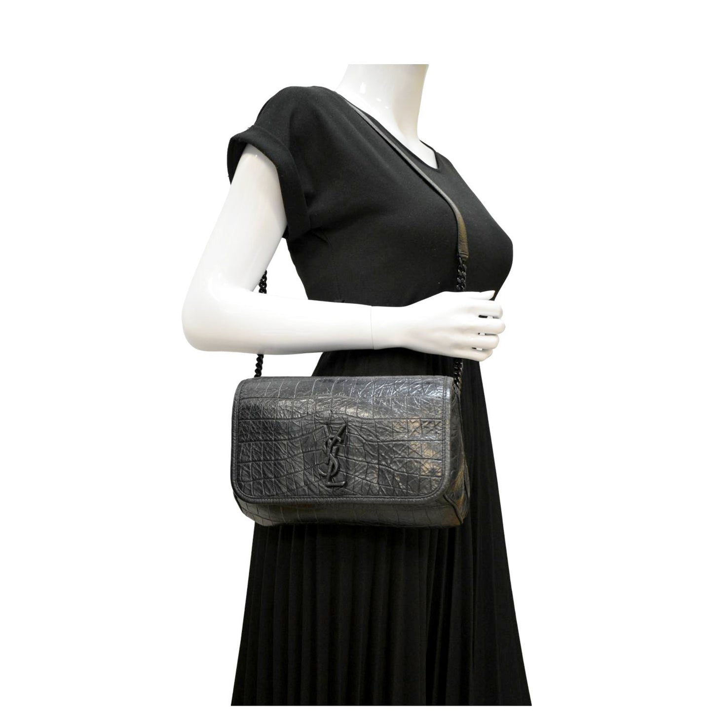 YSL Saint Laurent Niki Crocodile Shoulder Bag Leather Black Baby