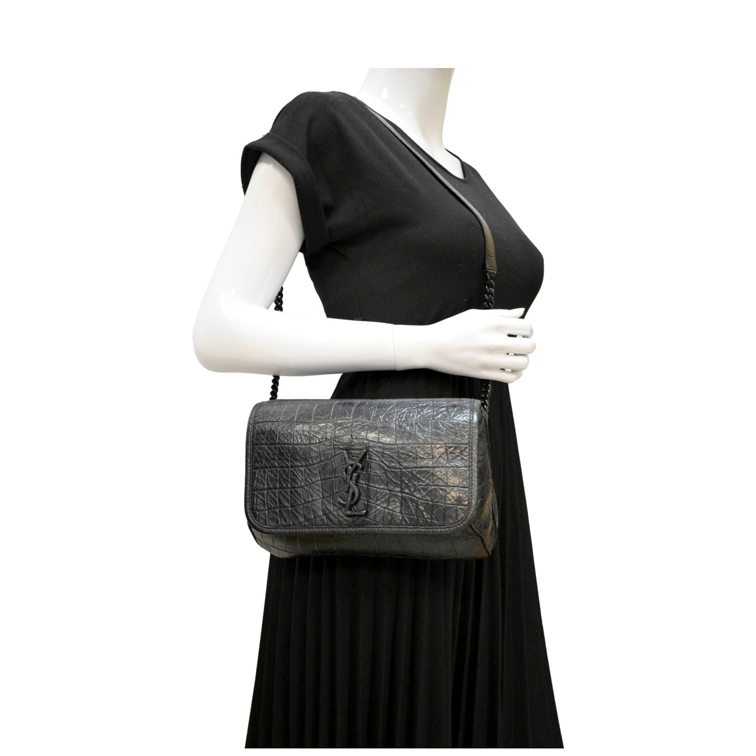 YSL Saint Laurent Niki Crocodile Shoulder Bag Leather Black Baby