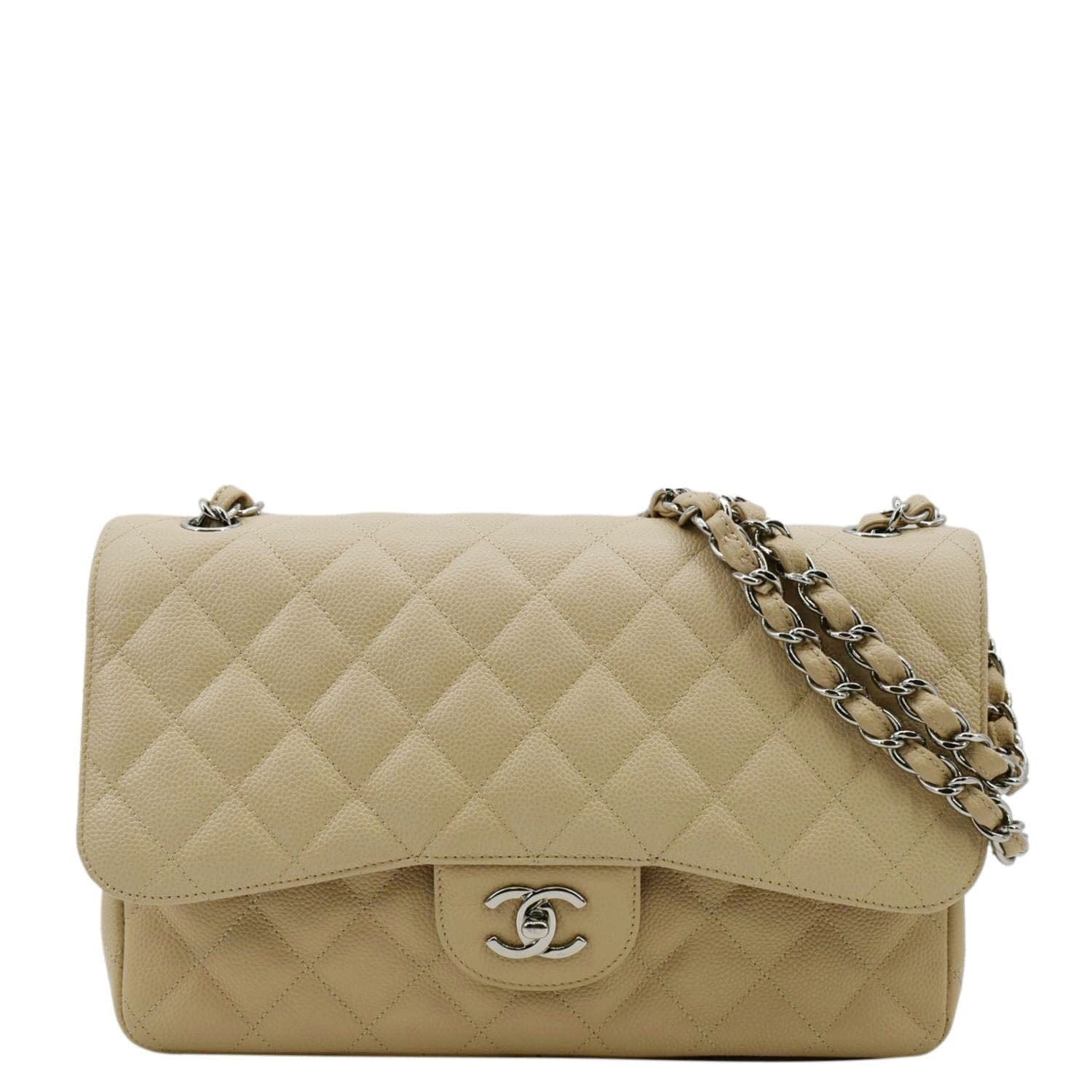 Chanel Classic Jumbo Double Flap Quilted Leather Beige Travel Bag Flap Beige