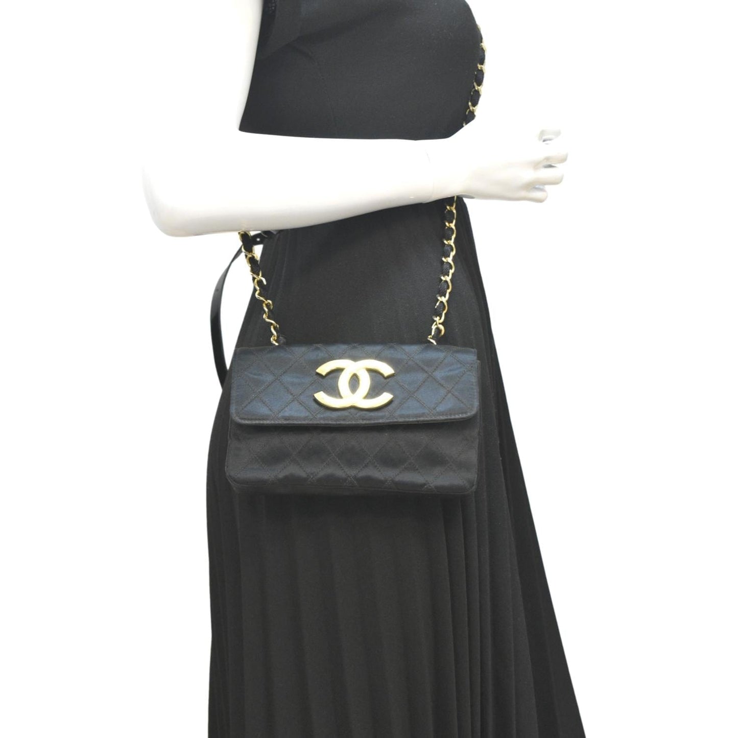 Chanel Flap Quilted Satin Black Travel Bag
