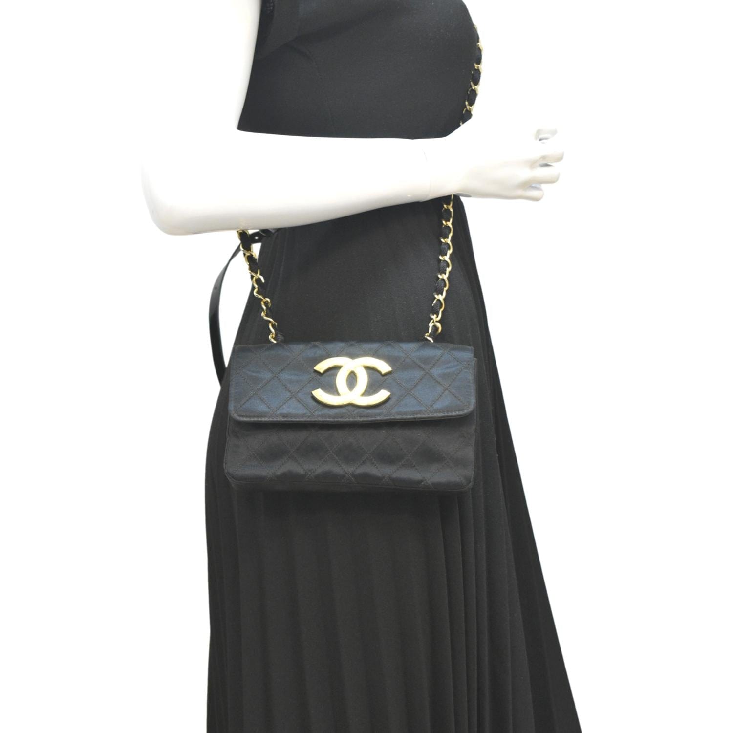Chanel Flap Quilted Satin Black Travel Bag