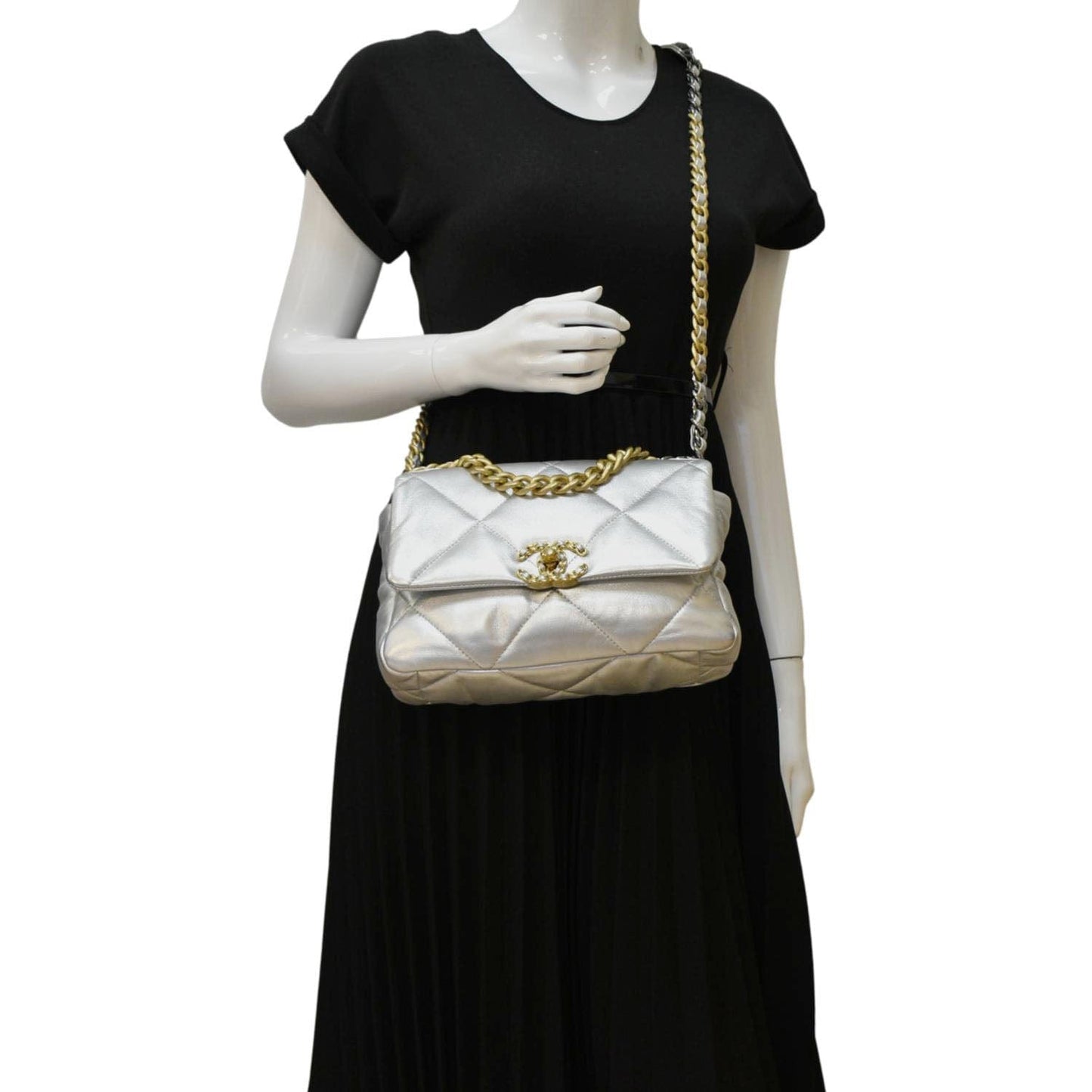 Louis Vuitton CHANEL 19 Flap Quilted Leather Silver Travel Bag