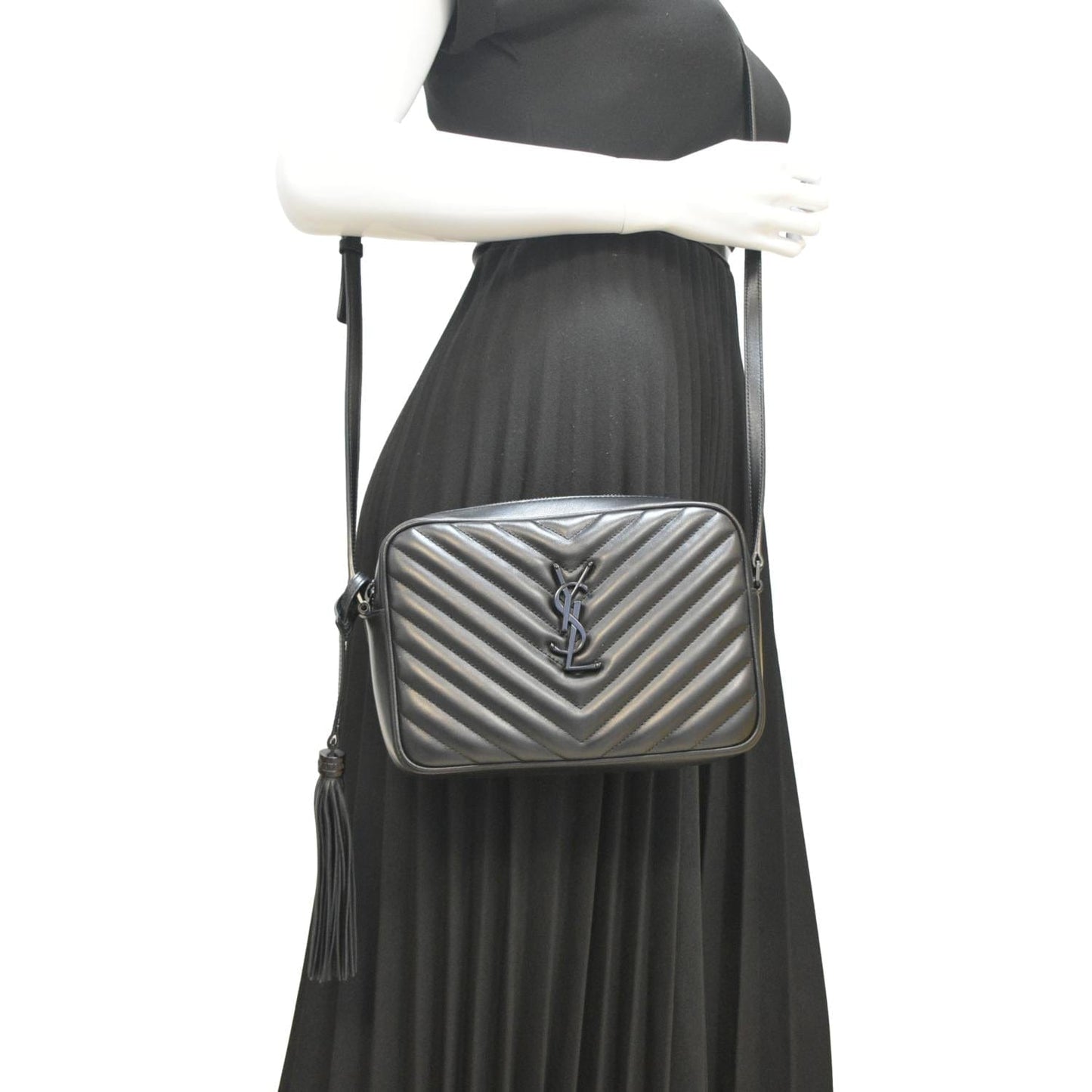 YSL Saint Laurent Saint Lou Chevron Camera Crossbody Bag Leather Black