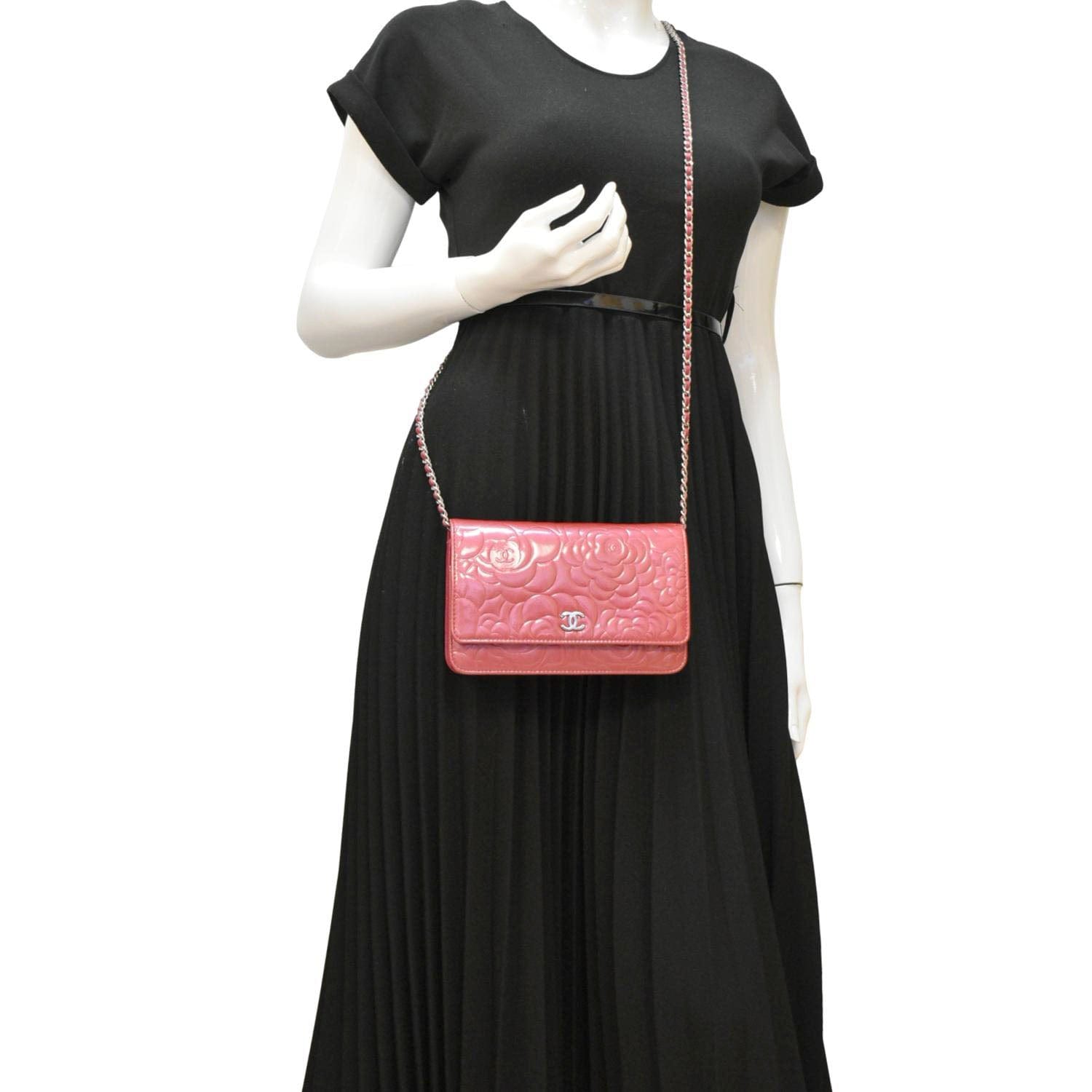 Chanel Camellia On Leather Pink Wallet Case Chain 2