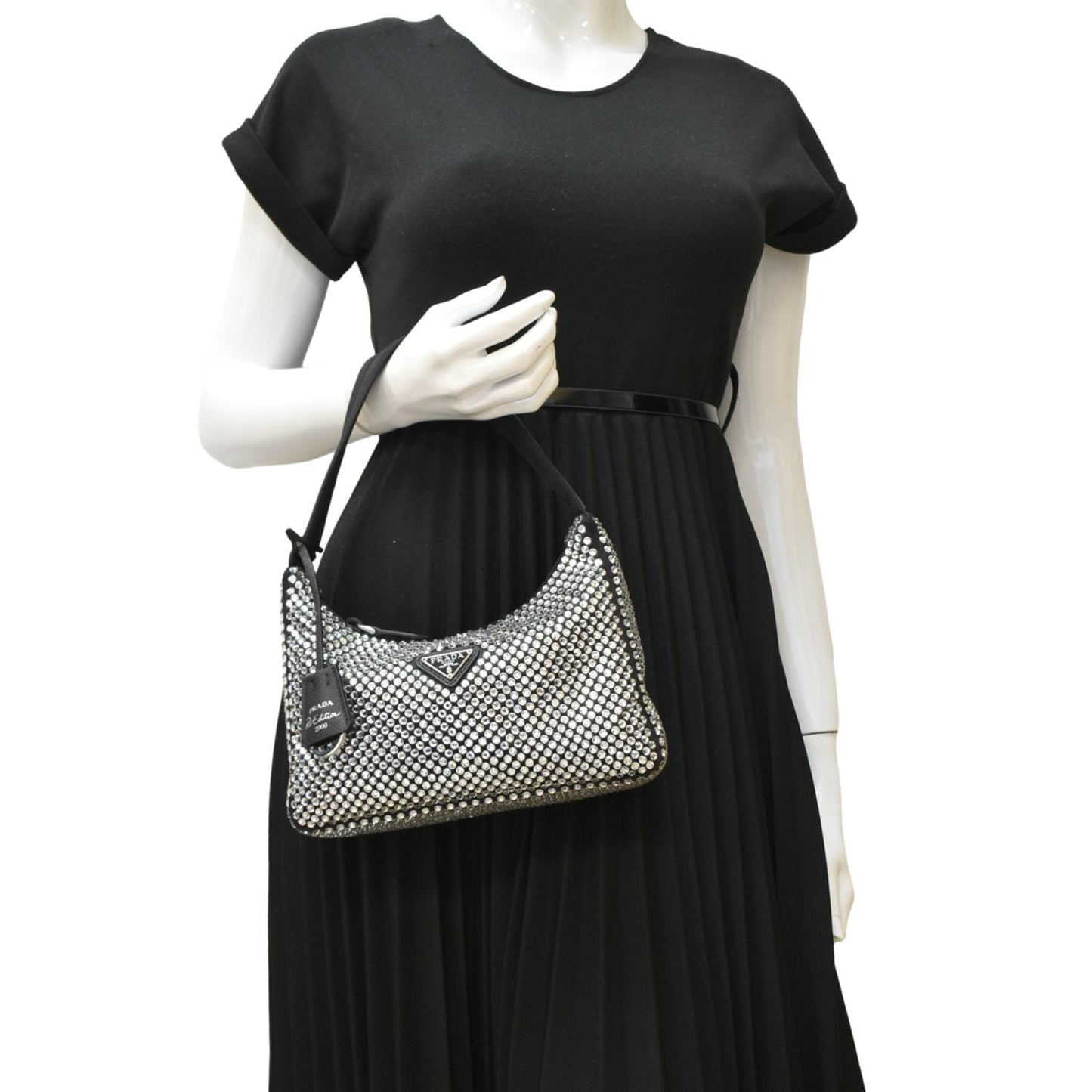 Prada Re Edition Crystal Embellished Tote Bag Satin Black Mini