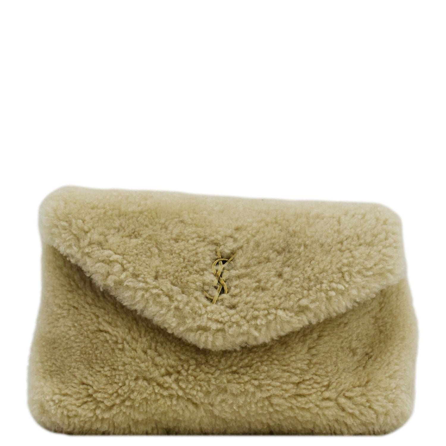 YSL Saint Laurent Saint Loulou Puffer Shearling Pouch Travel Bag Beige Small